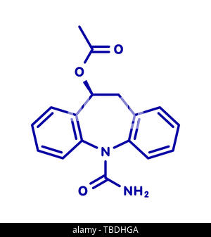 L'acétate d'eslicarbazépine épilepsie molécule pharmaceutique. Formule topologique bleu sur fond blanc. Banque D'Images