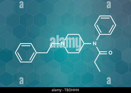 Fentanil (fentanyl) molécule du médicament analgésique opioïde. White formule topologique sur dark teal background avec modèle hexagonal. Banque D'Images