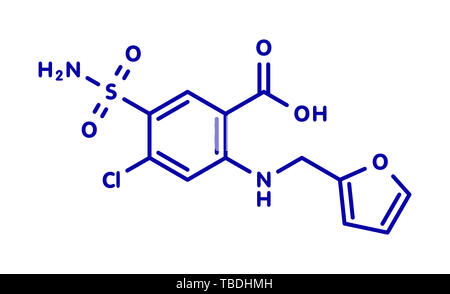 Diurétique furosémide molécule pharmaceutique. Médicalement utilisé pour traiter l'hypertension. Aussi utilisé comme agent masquant le dopage dans le sport. Formule topologique bleu sur fond blanc. Banque D'Images