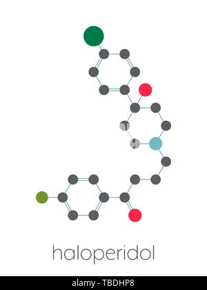 Les antipsychotiques (neuroleptiques) halopéridol molécule pharmaceutique. Formule topologique stylisé (structure chimique). Les atomes sont représentés par des cercles de couleur connecté par des obligations, sur fond blanc : l'hydrogène (caché), carbone (gris), l'azote (bleu), l'oxygène (rouge), le chlore (vert), le fluor (vert) Banque D'Images