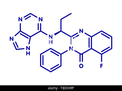 Idelalisib la leucémie molécule pharmaceutique. Inhibiteur de la phosphoinositide 3-kinase (PI3K). Formule topologique bleu sur fond blanc. Banque D'Images