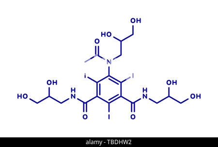 L'Iohexol molécule de contraste. Utilisé dans les procédures de la coronarographie. Formule topologique bleu sur fond blanc. Banque D'Images