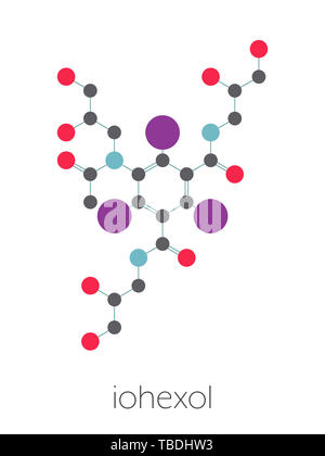 L'Iohexol molécule de contraste. Utilisé dans les procédures de la coronarographie. Formule topologique stylisé (structure chimique). Les atomes sont représentés par des cercles de couleur connecté par des obligations, sur fond blanc : l'hydrogène (caché), carbone (gris), l'oxygène (rouge), l'azote (bleu), l'iode (violet). Banque D'Images