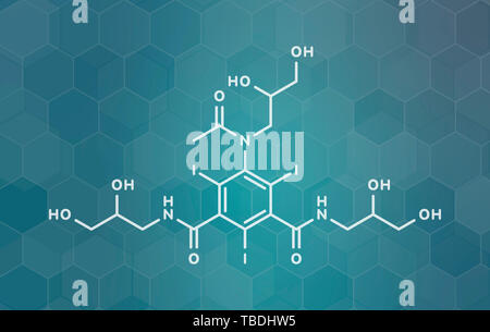 L'Iohexol molécule de contraste. Utilisé dans les procédures de la coronarographie. White formule topologique sur dark teal background avec modèle hexagonal. Banque D'Images