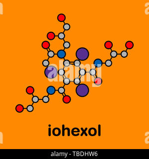 L'Iohexol molécule de contraste. Utilisé dans les procédures de la coronarographie. Formule topologique stylisé (structure chimique). Les atomes sont représentés par des cercles de couleur noire avec une épaisseur de l'Énonce et obligations : l'hydrogène (caché), carbone (gris), l'oxygène (rouge), l'azote (bleu), l'iode (violet). Banque D'Images