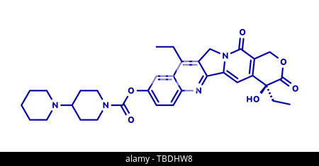 L'irinotecan chimiothérapie du cancer molécule pharmaceutique. Formule topologique bleu sur fond blanc. Banque D'Images