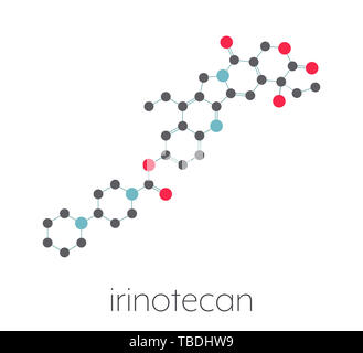 L'irinotecan chimiothérapie du cancer molécule pharmaceutique. Formule topologique stylisé (structure chimique). Les atomes sont représentés par des cercles de couleur connecté par des obligations, sur fond blanc : l'hydrogène (caché), carbone (gris), l'azote (bleu), l'oxygène (rouge). Banque D'Images