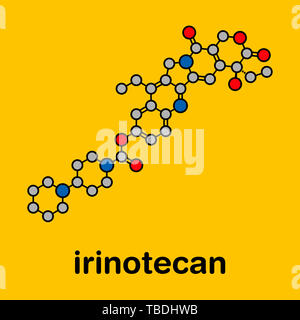 L'irinotecan chimiothérapie du cancer molécule pharmaceutique. Formule topologique stylisé (structure chimique). Les atomes sont représentés par des cercles de couleur noire avec une épaisseur de l'Énonce et obligations : l'hydrogène (caché), carbone (gris), l'azote (bleu), l'oxygène (rouge). Banque D'Images