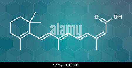 L'isotrétinoïne acné Traitement molécule pharmaceutique. Connu pour être un agent tératogène (cause des anomalies congénitales). White formule topologique sur dark teal background avec modèle hexagonal. Banque D'Images