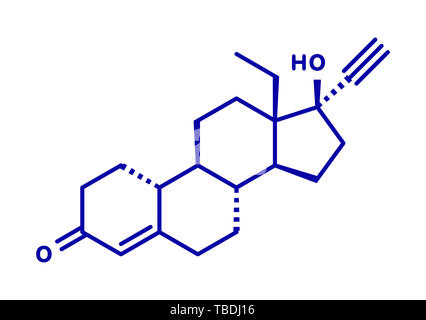 Levonorgestrel pilule contraceptive molécule pharmaceutique. Formule topologique bleu sur fond blanc. Banque D'Images