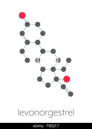 Levonorgestrel pilule contraceptive molécule pharmaceutique. Formule topologique stylisé (structure chimique). Les atomes sont représentés par des cercles de couleur connecté par des obligations, sur fond blanc : l'hydrogène (caché), carbone (gris), l'oxygène (rouge) Banque D'Images