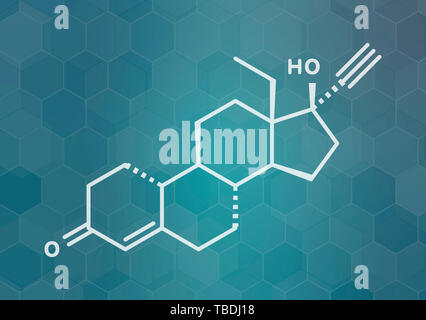 Levonorgestrel pilule contraceptive molécule pharmaceutique. White formule topologique sur dark teal background avec modèle hexagonal. Banque D'Images