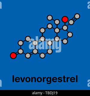 Levonorgestrel pilule contraceptive molécule pharmaceutique. Formule topologique stylisé (structure chimique). Les atomes sont représentés par des cercles de couleur noire avec une épaisseur de l'Énonce et obligations : l'hydrogène (caché), carbone (gris), l'oxygène (rouge) Banque D'Images