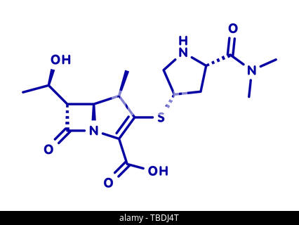 Méropénem antibiotique à large spectre (molécule du médicament de la classe des carbapénèmes). Formule topologique bleu sur fond blanc. Banque D'Images