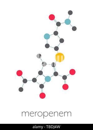 Méropénem antibiotique à large spectre (molécule du médicament de la classe des carbapénèmes). Formule topologique stylisé (structure chimique). Les atomes sont représentés par des cercles de couleur connecté par des obligations, sur fond blanc : l'hydrogène (caché), carbone (gris), l'azote (bleu), l'oxygène (rouge), le soufre (jaune) Banque D'Images