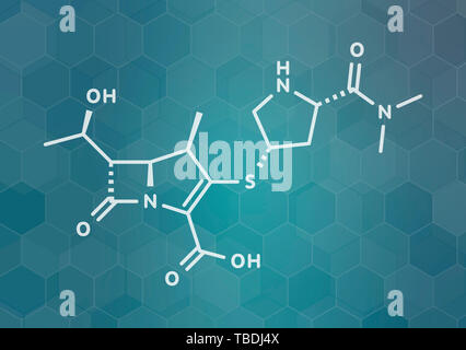 Méropénem antibiotique à large spectre (molécule du médicament de la classe des carbapénèmes). White formule topologique sur dark teal background avec modèle hexagonal. Banque D'Images