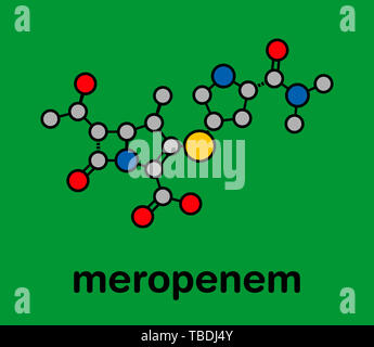 Méropénem antibiotique à large spectre (molécule du médicament de la classe des carbapénèmes). Formule topologique stylisé (structure chimique). Les atomes sont représentés par des cercles de couleur noire avec une épaisseur de l'Énonce et obligations : l'hydrogène (caché), carbone (gris), l'azote (bleu), l'oxygène (rouge), le soufre (jaune) Banque D'Images