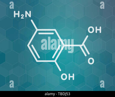 La mésalazine (mesalamine, acide 5-aminosalicylique, 5-AAS) de la maladie intestinale inflammatoire molécule pharmaceutique. Utilisé pour traiter la colite ulcéreuse et la maladie de Crohn. White formule topologique sur dark teal background avec modèle hexagonal. Banque D'Images