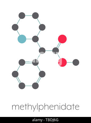 Le méthylphénidate attention-deficit hyperactivity disorder (ADHD) molécule pharmaceutique. Formule topologique stylisé (structure chimique). Les atomes sont représentés par des cercles de couleur connecté par des obligations, sur fond blanc : l'hydrogène (caché), carbone (gris), l'azote (bleu), l'oxygène (rouge) Banque D'Images