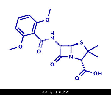 Meticillin (antibiotiques de la classe des bêta-lactamines) molécule. L'acronyme de SARM Staphylococcus aureus résistant à la méthicilline. Formule topologique bleu sur fond blanc. Banque D'Images