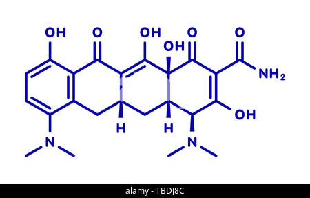 Minocycline antibiotique tétracycline (classe) molécule. Formule topologique bleu sur fond blanc. Banque D'Images