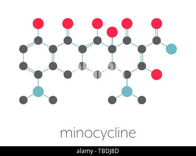 Minocycline antibiotique tétracycline (classe) molécule. Formule topologique stylisé (structure chimique). Les atomes sont représentés par des cercles de couleur connecté par des obligations, sur fond blanc : l'hydrogène (caché), carbone (gris), l'azote (bleu), l'oxygène (rouge). Banque D'Images