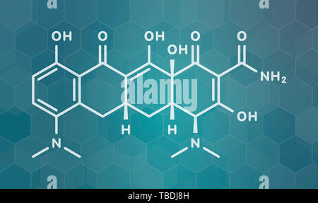 Minocycline antibiotique tétracycline (classe) molécule. White formule topologique sur dark teal background avec modèle hexagonal. Banque D'Images