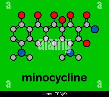 Minocycline antibiotique tétracycline (classe) molécule. Formule topologique stylisé (structure chimique). Les atomes sont représentés par des cercles de couleur noire avec une épaisseur de l'Énonce et obligations : l'hydrogène (caché), carbone (gris), l'azote (bleu), l'oxygène (rouge). Banque D'Images