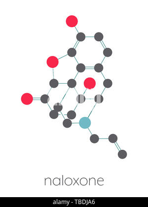 La naloxone, un antagoniste des récepteurs opioïdes. Médicament utilisé dans le traitement du surdosage d'opiacés. Formule topologique stylisé (structure chimique). Les atomes sont représentés par des cercles de couleur connecté par des obligations, sur fond blanc : l'hydrogène (caché), carbone (gris), l'oxygène (rouge), l'azote (bleu). Banque D'Images