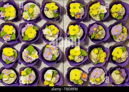 Vue de dessus de divers types de cupcakes en boîte carton. Banque D'Images