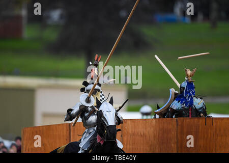 Baw Baw, Victoria, Australie. 01 Juin, 2019. Championnats du Monde de joutes médiévales ; ; Wouter Nicolai des Pays-Bas est frappé lors du Championnat de joutes Plus Sport Action Crédit : Images/Alamy Live News Banque D'Images