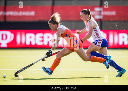 EINDHOVEN, FIH Pro League 2019, le hockey mesdames, 01-06-2019, SC Oranje - Rood, Pays-Bas dvd Maria Verschoor (L), l'Angleterre dvd Elizabeth Neal (R) : Crédit Photos Pro/Alamy Live News Banque D'Images