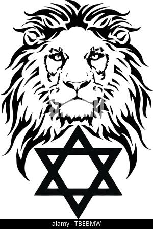 Le Lion et le symbole du judaïsme - Étoile de David, Megan David, dessin de tatouage, sur un fond blanc, vector Illustration de Vecteur