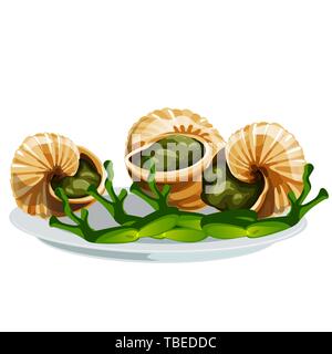 Les escargots, un délicieux plat d'escargots français isolé sur fond blanc, animée de grenouille. Cartoon Vector illustration close-up. Illustration de Vecteur