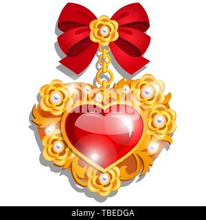 Une belle médaille dans la forme d'un cœur rouge faite de pierres mis en or avec ribbon bow isolé sur fond blanc. Un symbole d'amour et de Illustration de Vecteur