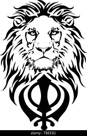 Khanda est le symbole le plus significatif du sikhisme, décorée d'un lion avec une longue crinière, sur un fond blanc, isolé, dessin de tatouage, vector Illustration de Vecteur