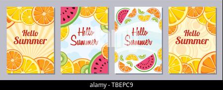 Série de dépliants, affiches, bannières, affiches, conception de la brochure au format A6 modèles. Bonjour l'été différents avec des tranches de citron, orange, kiwi, pastèque. Illustration de Vecteur