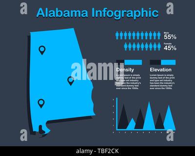 État de l'Alabama (USA) Plan avec ensemble d'éléments en couleur bleu infographique en arrière-plan sombre. L'élément graphique de l'information modernes pour votre conception. Illustration de Vecteur
