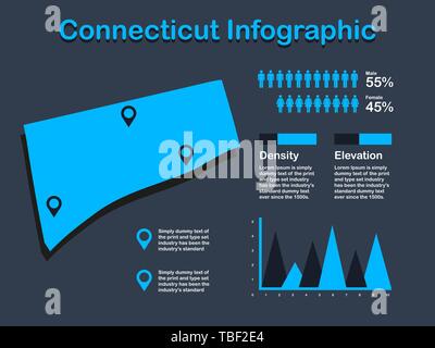 L'État du Connecticut (États-Unis) Plan avec ensemble d'éléments en couleur bleu infographique en arrière-plan sombre. L'élément graphique de l'information modernes pour votre conception. Illustration de Vecteur