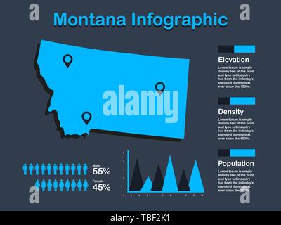 L'État du Montana (États-Unis) Plan avec ensemble d'éléments en couleur bleu infographique en arrière-plan sombre. L'élément graphique de l'information modernes pour votre conception. Illustration de Vecteur