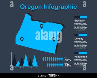 État de l'Oregon (USA) avec jeu de carte en couleur bleu Éléments infographique en arrière-plan sombre. L'élément graphique de l'information modernes pour votre conception. Illustration de Vecteur