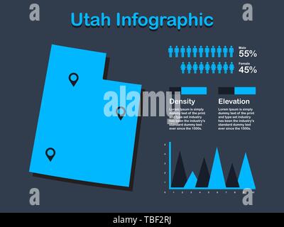 État de l'Utah (USA) Plan avec ensemble d'éléments en couleur bleu infographique en arrière-plan sombre. L'élément graphique de l'information modernes pour votre conception. Illustration de Vecteur