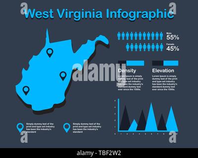 West Virginia State (USA) Plan avec ensemble d'éléments en couleur bleu infographique en arrière-plan sombre. L'élément graphique de l'information modernes pour votre conception. Illustration de Vecteur