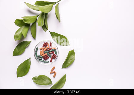 Composition avec les pilules à base de plantes sur fond blanc Banque D'Images