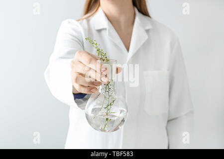 Doctor holding flask avec plantes, gros plan Banque D'Images