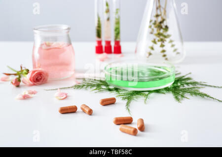 Composition avec les pilules à base de plantes sur la table Banque D'Images