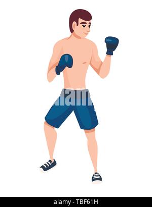 Boxer en pantalon de sport avec des gants de boxe d'entraînement de boxe cartoon character design télévision vector illustration isolé sur fond blanc. Illustration de Vecteur