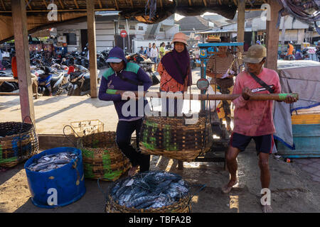 Indonésie/BALI-15 mai 2019:les captures des pêcheurs est immédiatement pesé au site de vente aux enchères de poissons. Les prises des pêcheurs, placés dans des paniers en bambou, th Banque D'Images