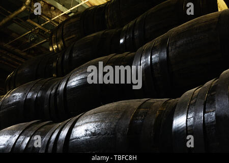 Vieux fûts de bois pour le vin ou whisky empilés dans la cave Banque D'Images