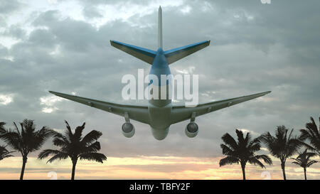 Vol d'un avion au coucher du soleil sur la terre tropicale avec palmiers. 3D illustration. Banque D'Images